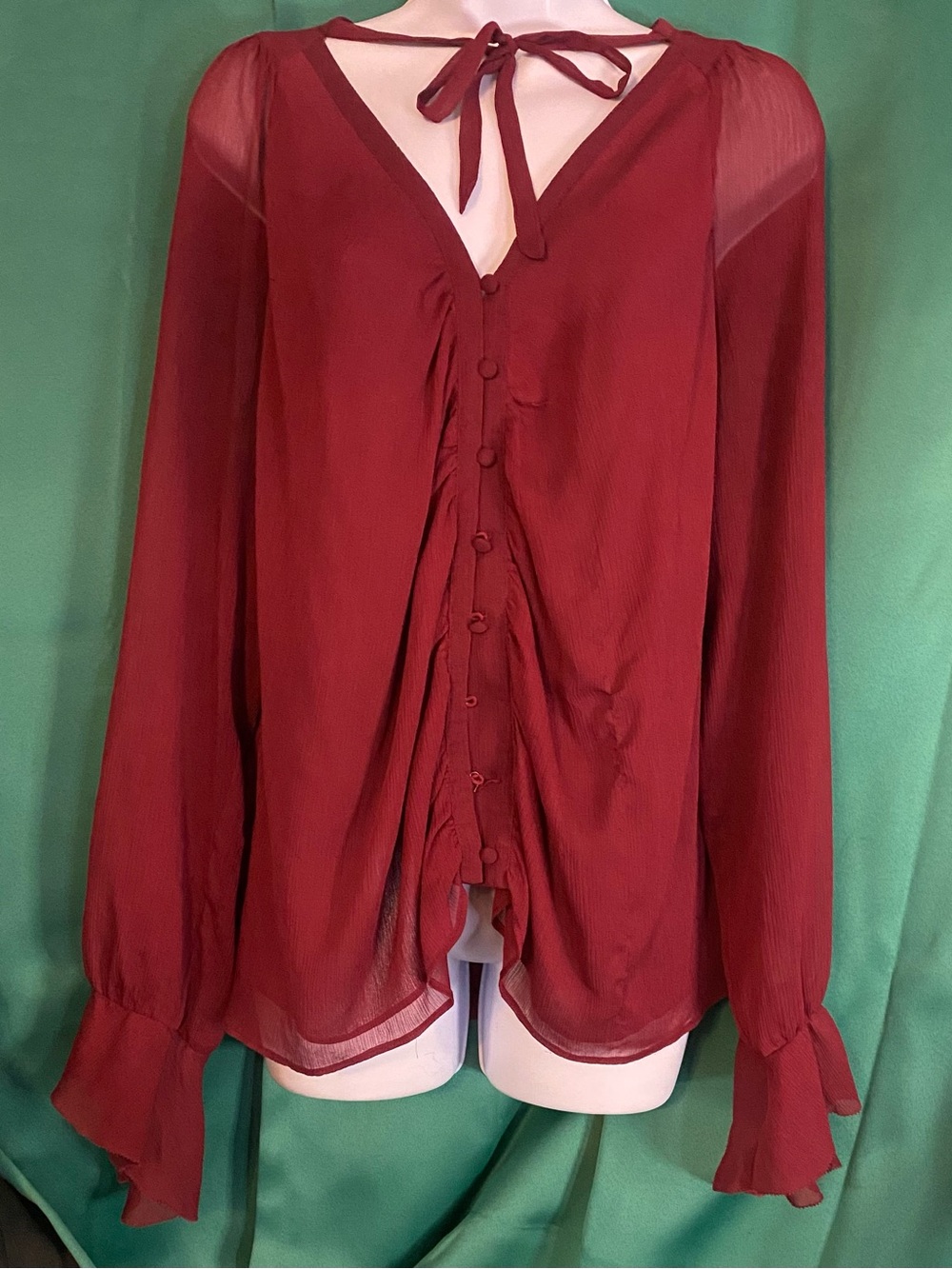 Guess Burgundy Tie-Neck Sheer Button Front Blouse